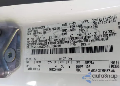 2013 Ford Escape Se z USA, uszkodzony, nr VIN 1FMCU0GX4DUC68046